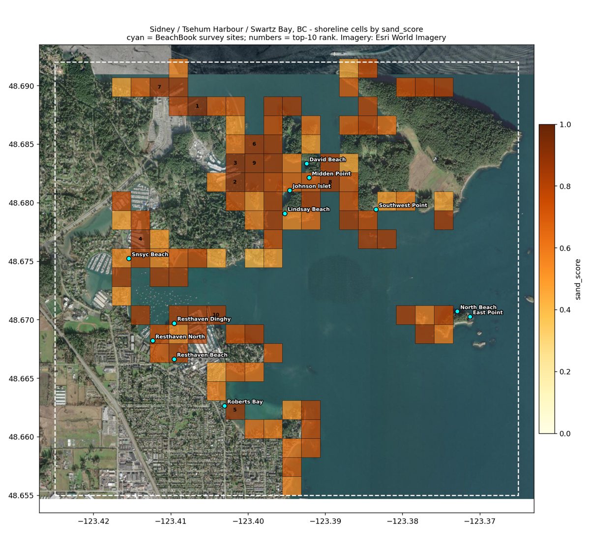 Shoreline cells around Sidney and Swartz Bay ranked by sand score